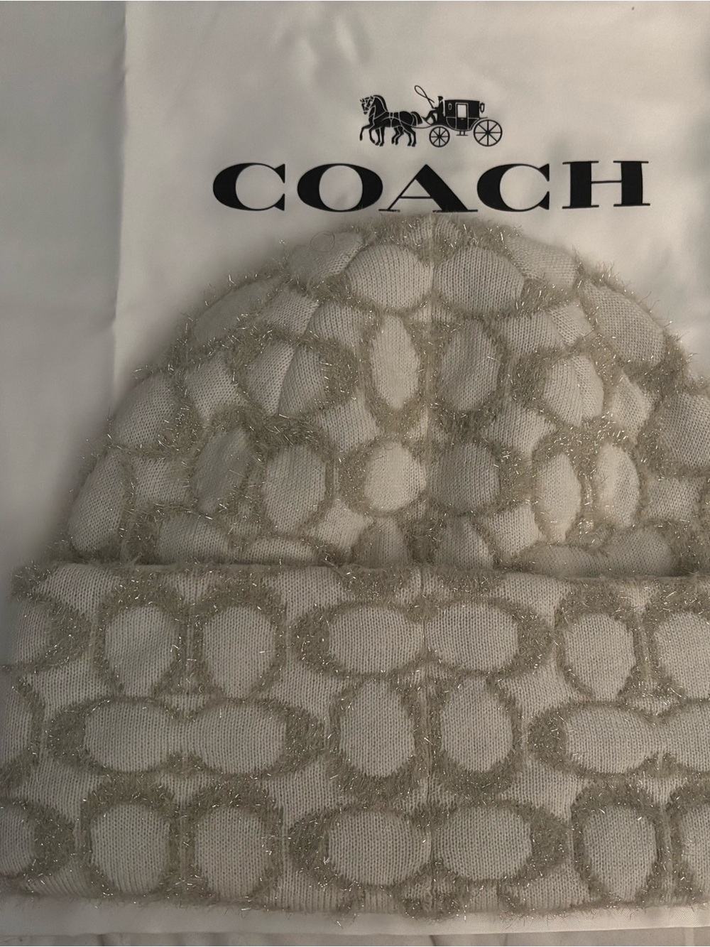 COACH Cream Beanie with Metallic Signature Motif